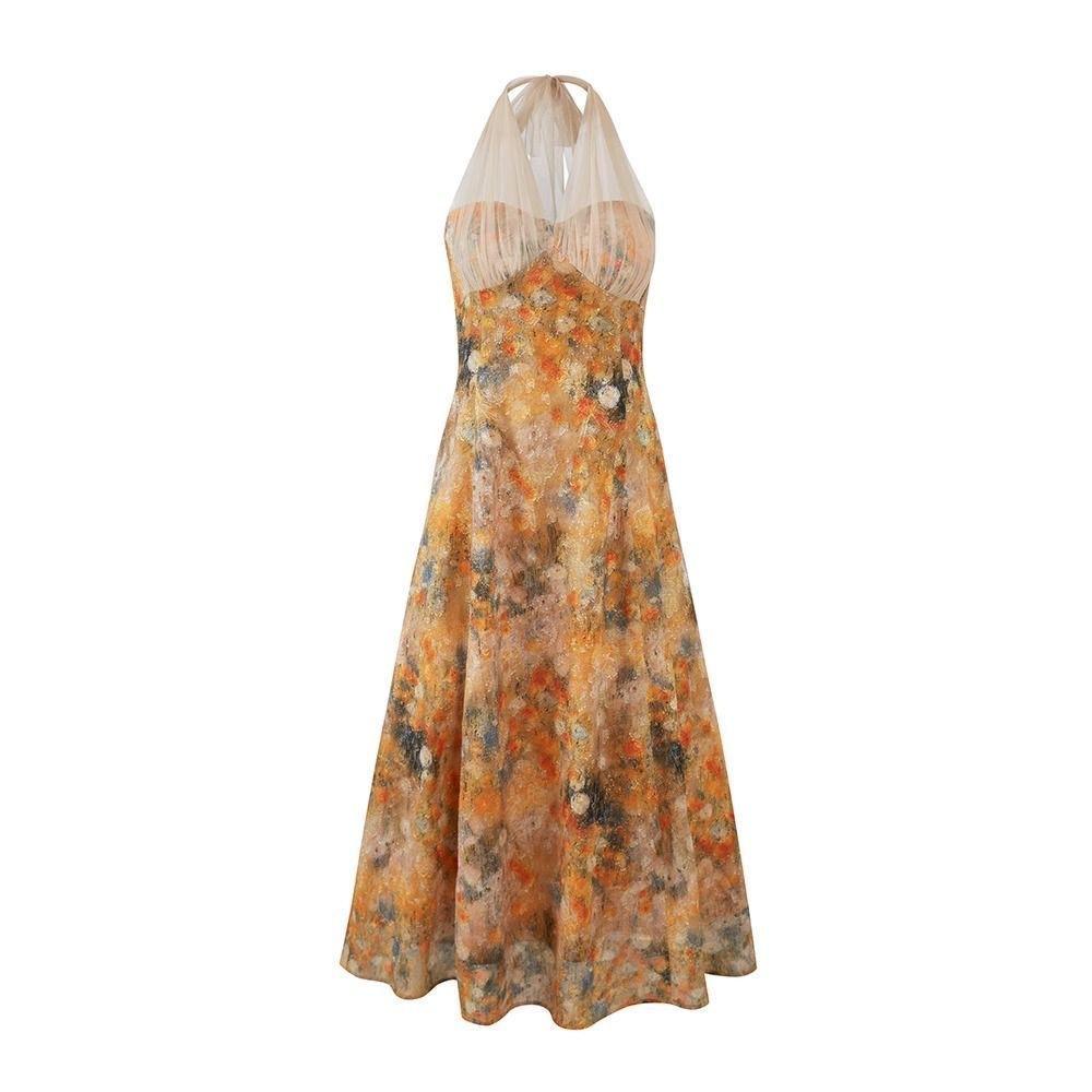 French Xinjiang vacation travel wear retro oil painting style splicing mesh dress women's sleeveless neck dress