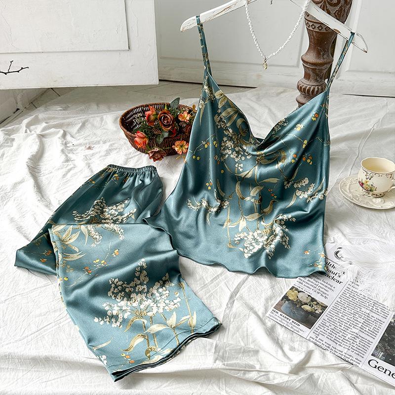 Sexy Pajama Two-Piece Set Camisole Tops Pants Loungewear Women Pijamas Suit Soft Print Flower Suspenders Sleepwear Outside