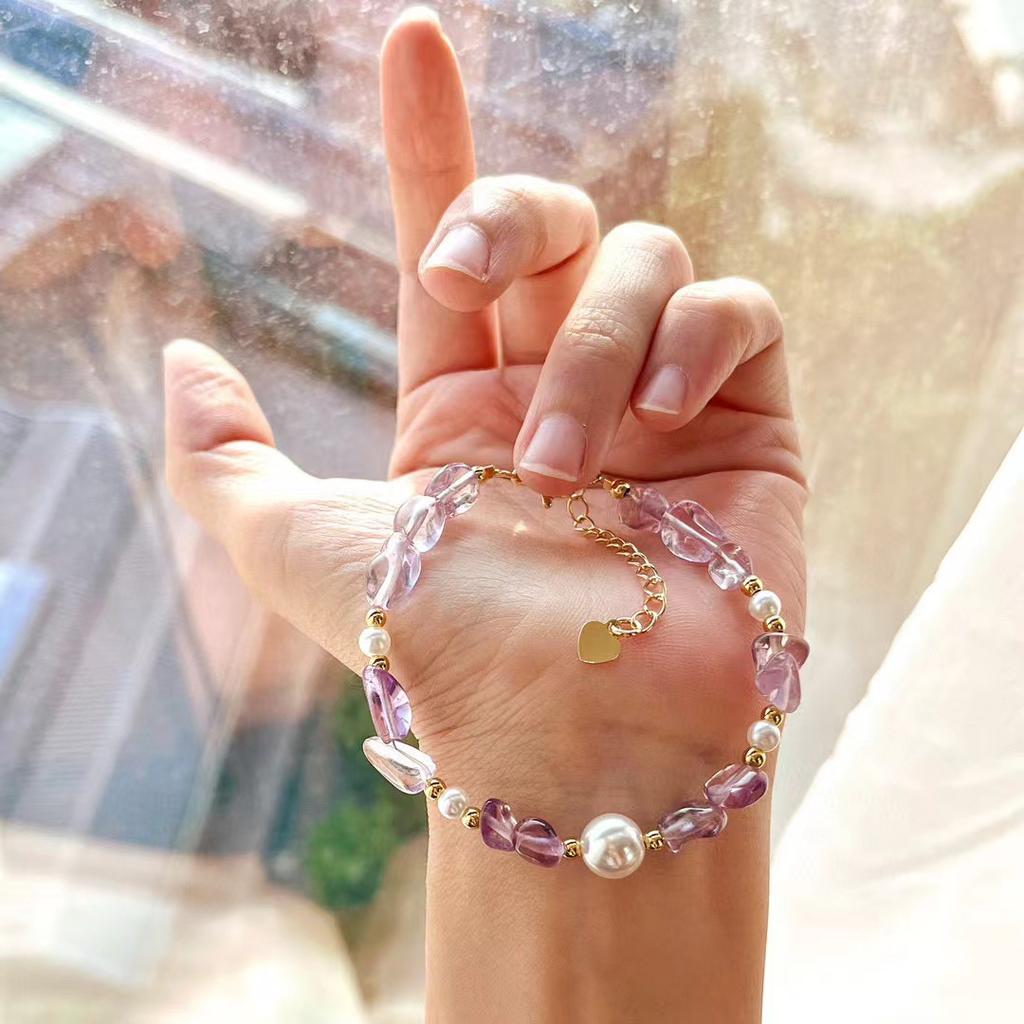 Vintage High-quality Natural Amethyst Conformal Faux Australian White Pearl Bracelet