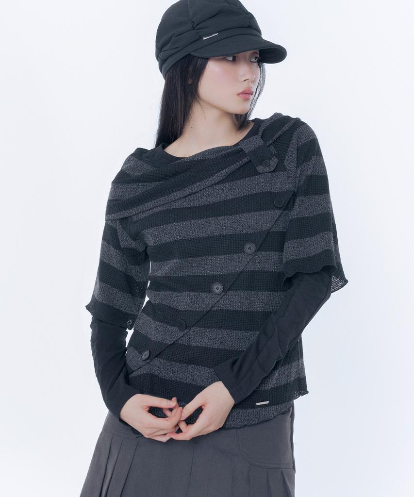 MISEKI SEOUL Diagonal Crochet Knit Top Stripe