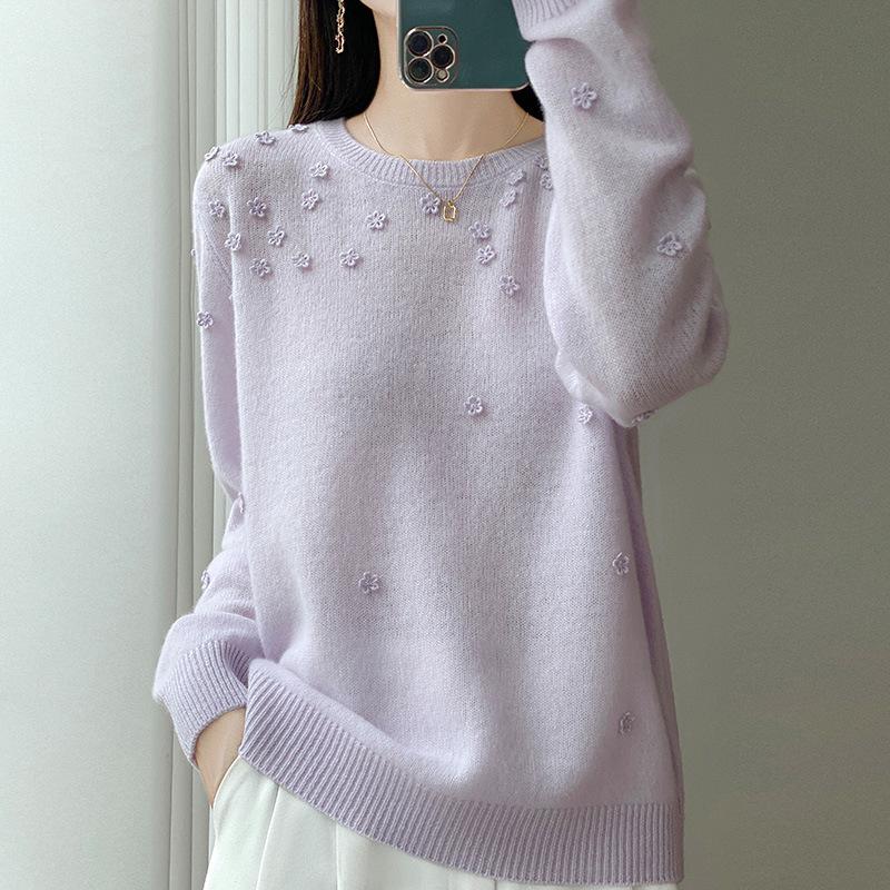 2025 Autumn/Winter Women's Pure Wool Embroidered Round Neck Knitwear Sweater: Long Sleeve, Loose Fit