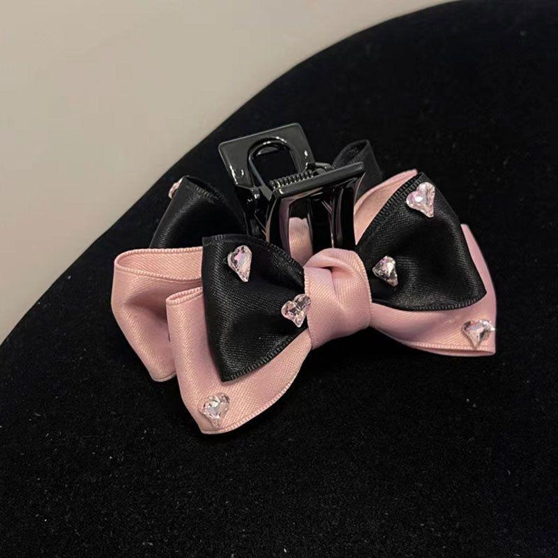 1pc Female group bow clip new pink and black satin back of head dished shark clip hair accessory
