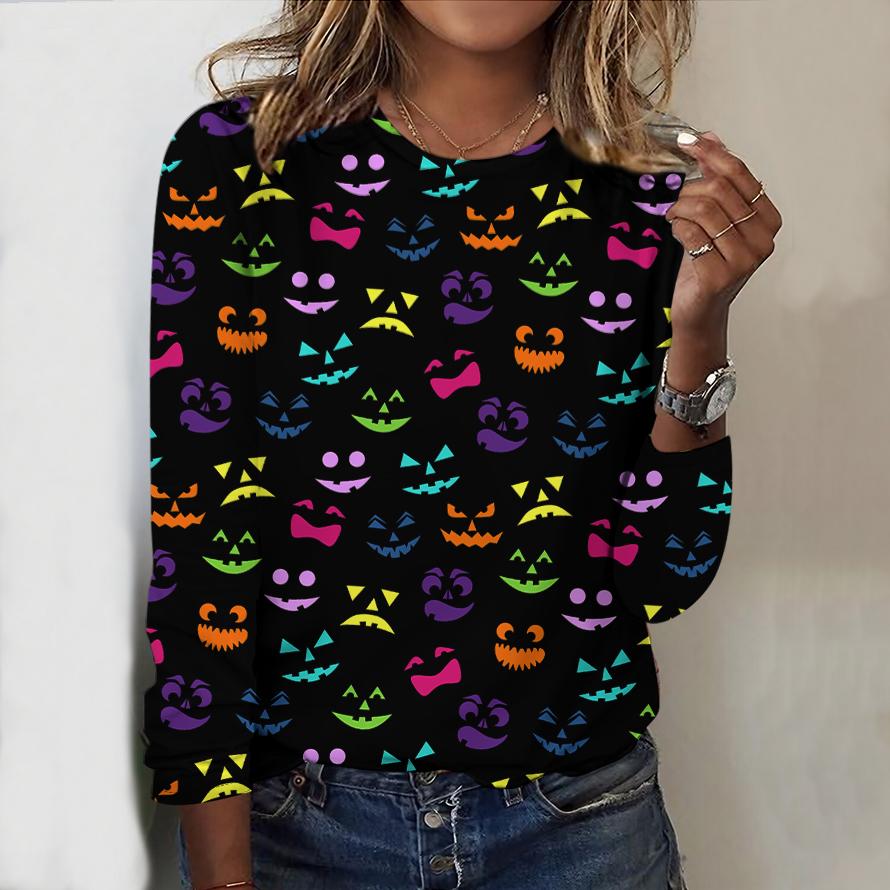 2025 Podzim & Zima Dámský Nový Ležérní Top s Kulatým Výstřihem a Dlouhým Rukávem 3D Halloweenský Vzor Ideální Halloweenský Vánoční Dárek