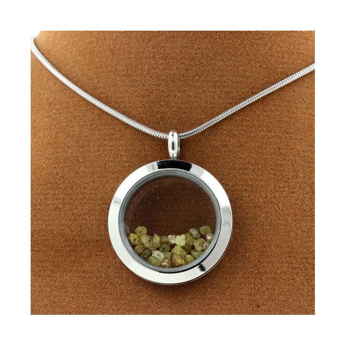 Stones and Minerals. Raw Green Yellow Diamond Necklace. 30 Mm Medallion Model. Color Silver.