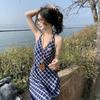 Retro Plaid Halter Women Spring New Collection Waist-cinching Fashionable Long Strap Dress