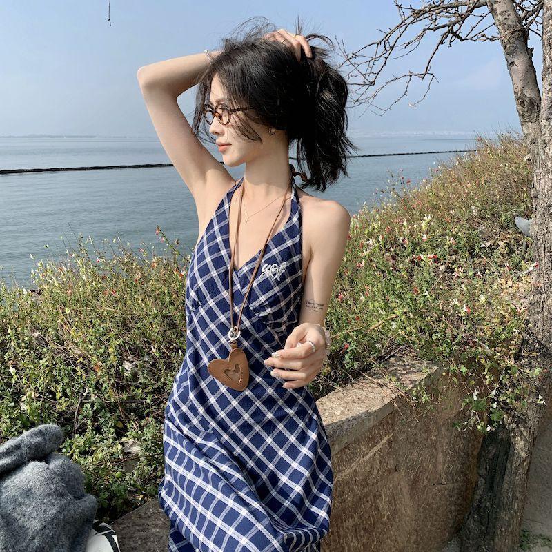 Retro Plaid Halter Women Spring New Collection Waist-cinching Fashionable Long Strap Dress