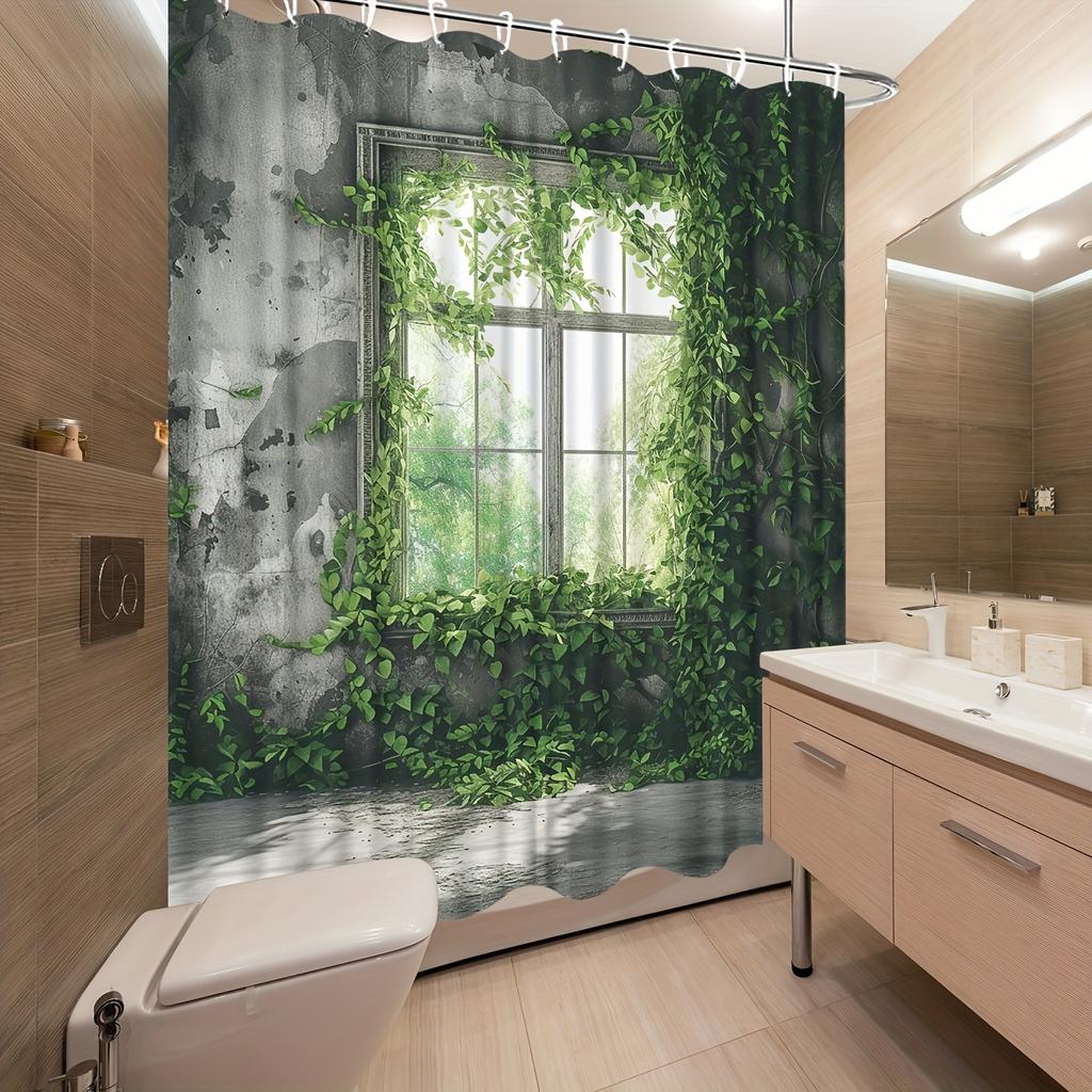 1 pièce Grand Rideau de Douche Botanique en Lierre Vert pour Fenêtre avec Crochets - Design Effet Fenêtre de Salle de Bain Haute Qualité, Motif Feuille de Lierre