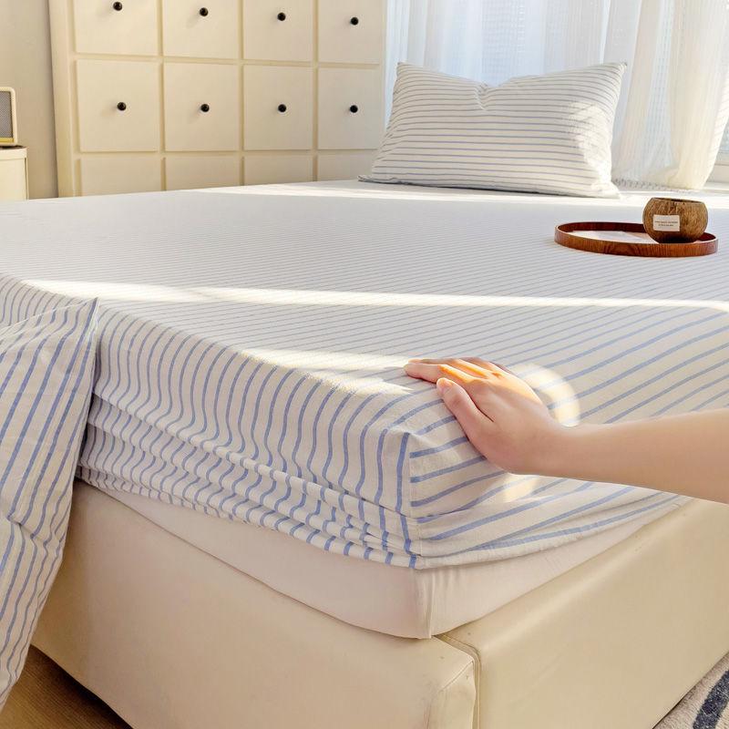 Japanese Style Washed Cotton Striped Bed Sheet Three Piece Set, Full Coverage, Non Slip Single Piece, Simmons Mattress, Dust
