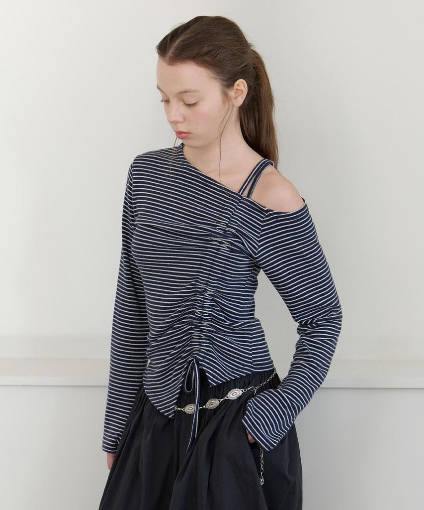 CLUNY Offset Shirring Stripe Top - Navy