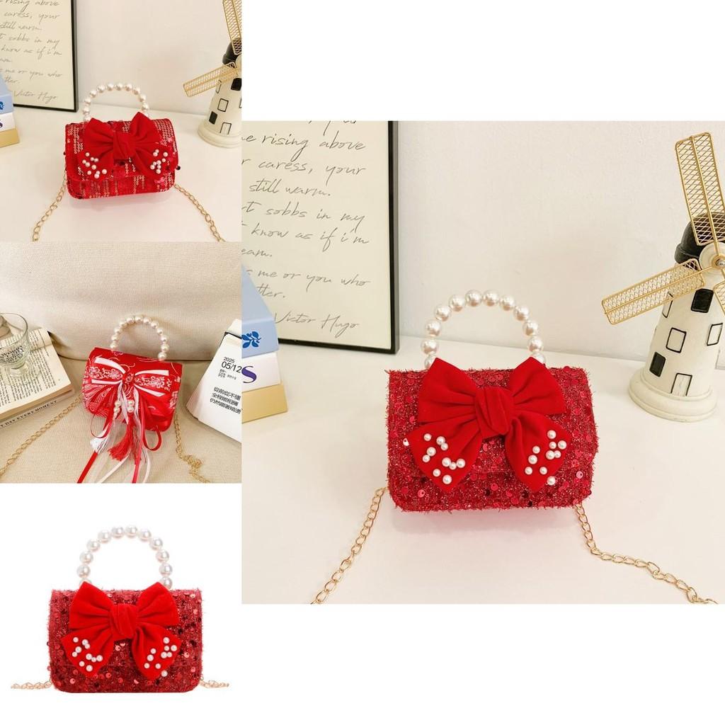 Stylish Red Pearl Children's Handbag With Bow Design Perfect For Daily Use