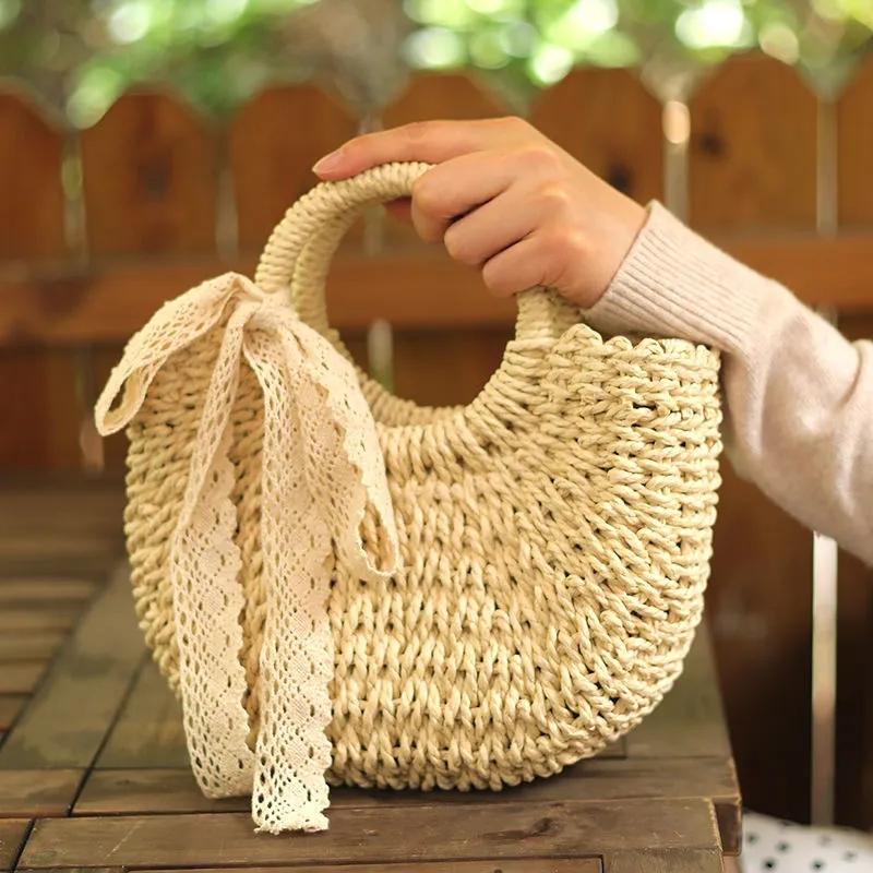 Women Cute Ribbon Straw Bags Summer Handmade Half Moon Beach Wild Totes Handbags