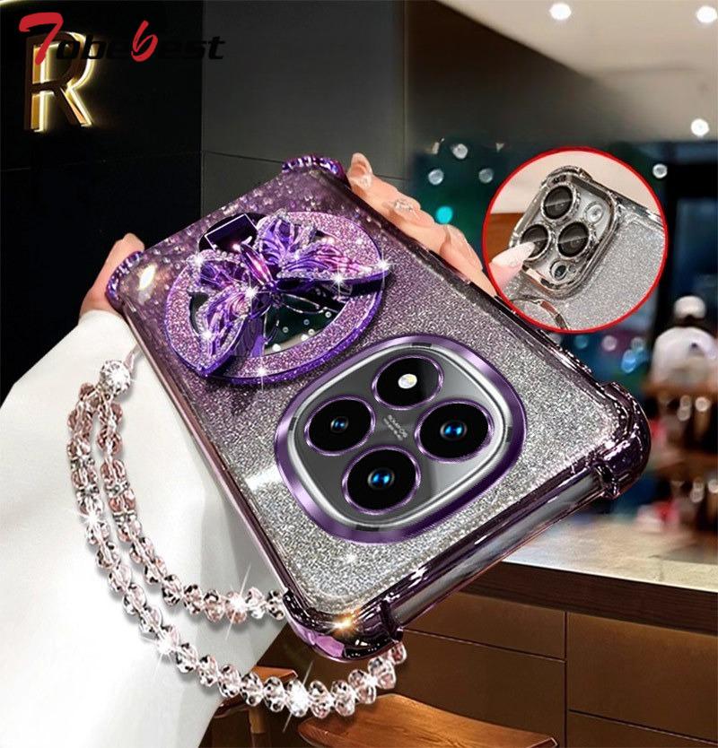 Glitter Butterfly Mirror Crystal Bracelet Case For Xiaomi Redmi Note 15 15C 14 14C 13 13C 12 11 Pro Plus 4G 5G Shockproof Cover