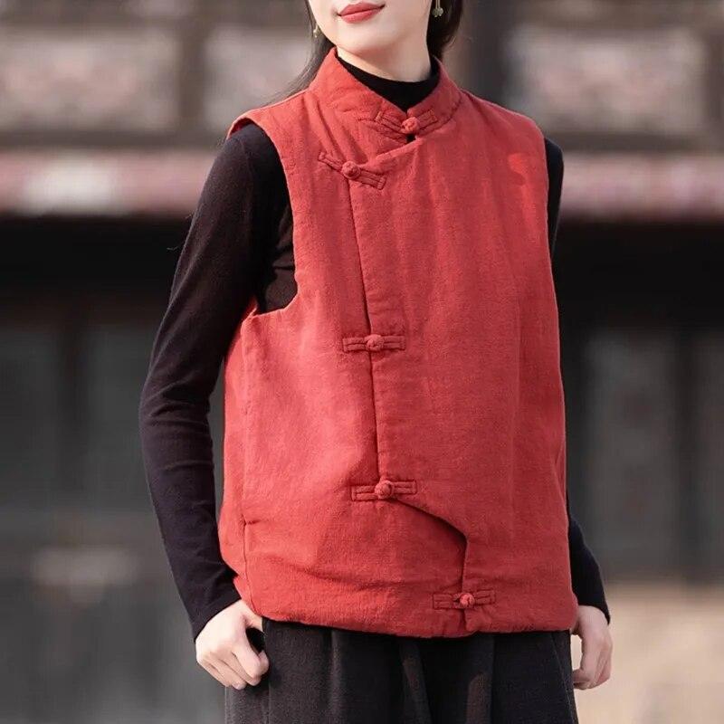 Johnature Dámské Vintage vesty Kabáty Stojánek Jednobarevný Knoflíček Plus Bavlněné Oblečení Podzimní Teplé vesty v čínském stylu