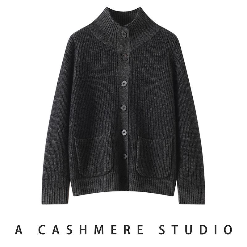 Lekasha Cashmere Half-High Neck Knit Cardigan with Pockets - Thickened Plain Color Top for Autumn/Winter.
