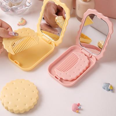 Adorable Cookie Folding Mirror Mini Portable Pink/Yellow Makeup Mirror with Comb Cute Travel Pocker Mirror for Girls