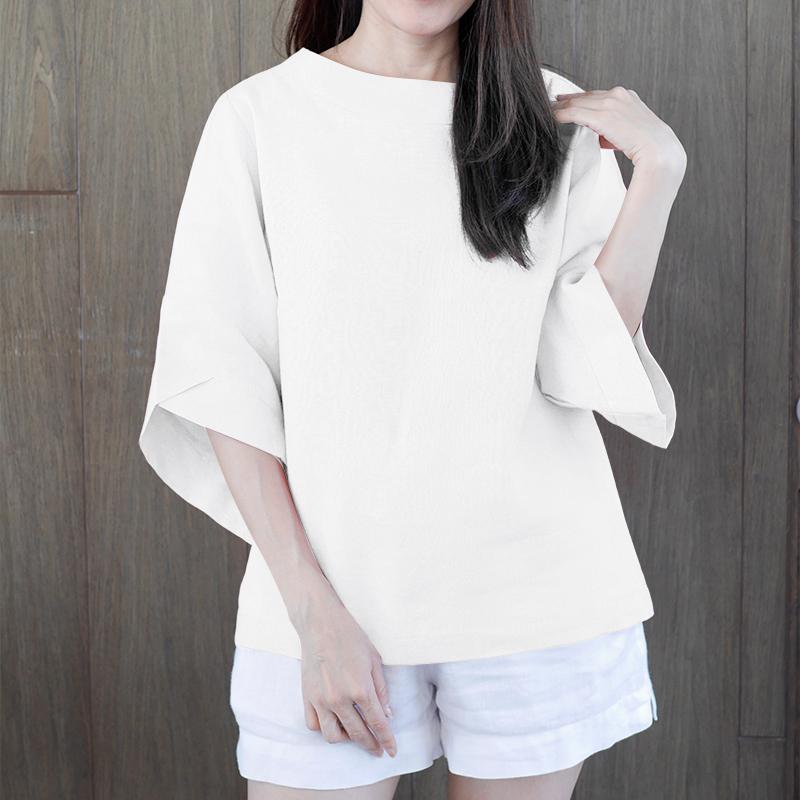 

ZANZEA Женская повседневная однотонная блузка с круглым вырезом и рукавом 3/4 белый