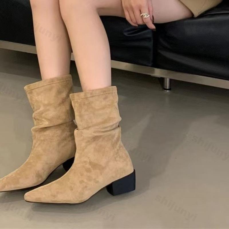 Fashion Women Frosted Suede Leather Boots Autumn Winter Vintage Western Cowboy Boots Fashion Buckle Strap Comfortable Medium Heel Shoes