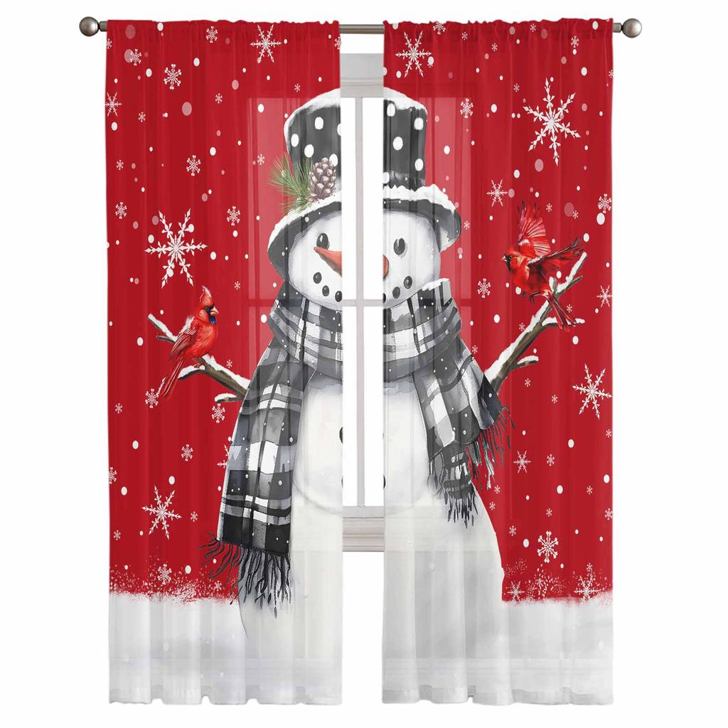 Christmas Snowman Snowflake Red Mockingbird Curtains For Living Room Bedroom Home Decoration Window Voile Tulle Curtain Drapes