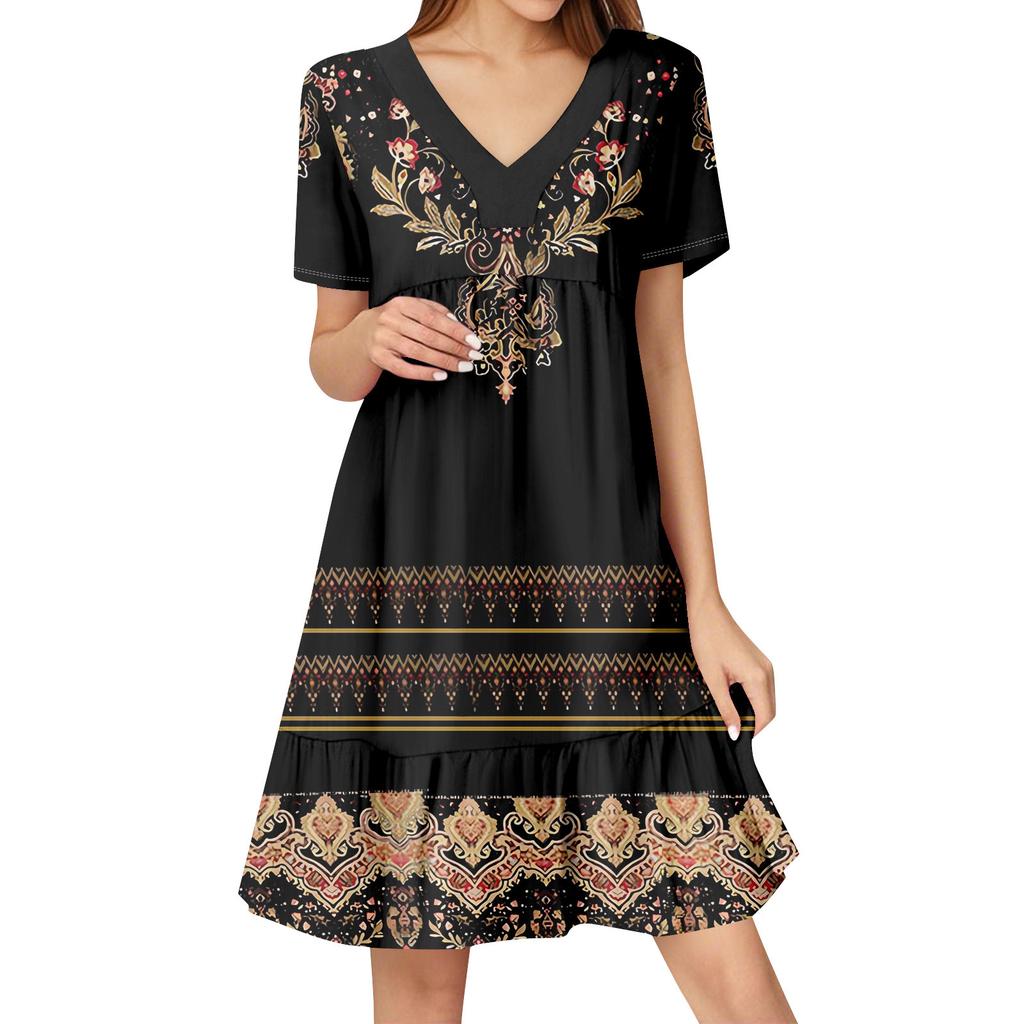 Womens Summer Dress Short Sleeve V Neck Short Dresses Fashion Casual Flowy Boho Ruffle A Line Swing Sundress