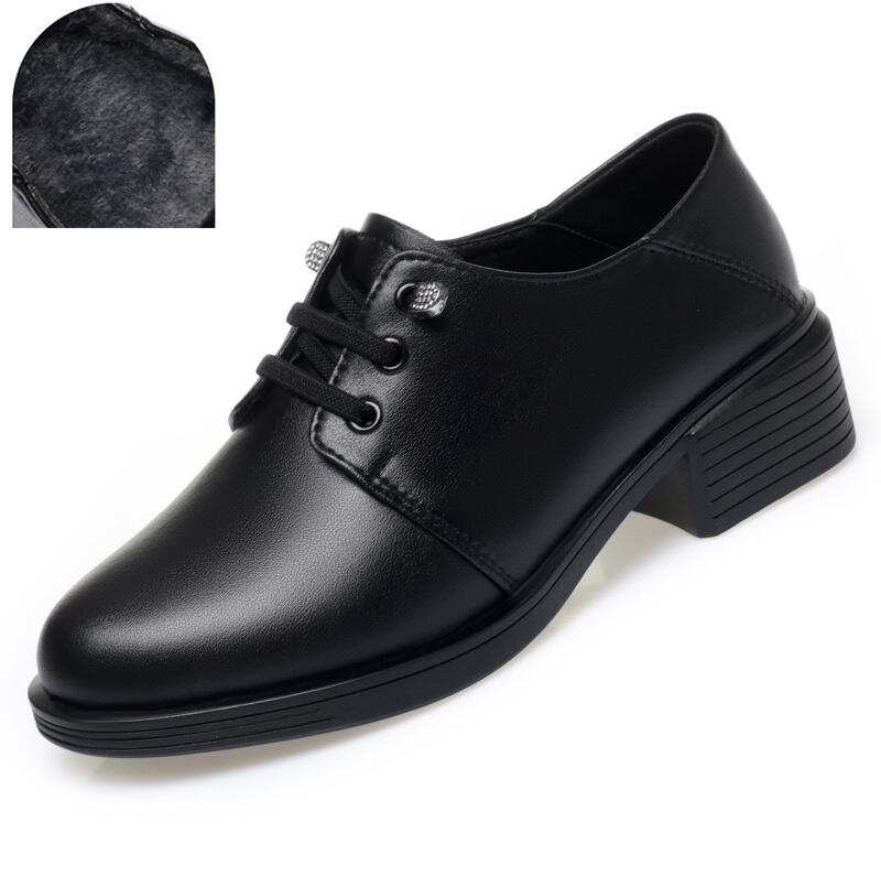 Fashion GKTINOO 2025 Spring Autumn Genuine Leather Shoes Woman Pumps British Soft Sole Plus Velvet Warm Black Shoes Mid Heels