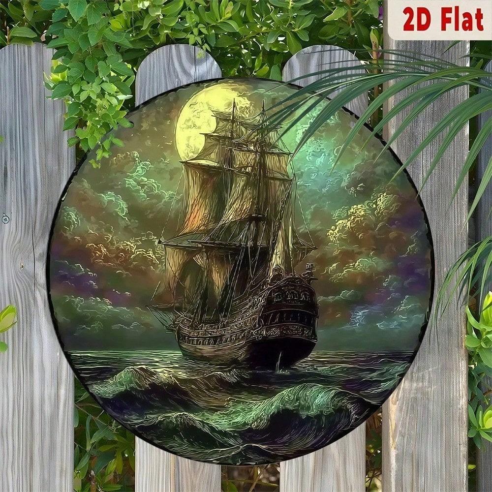 Vintage Moonlit Sailing Ship Metal Wall Art Nautical Aluminum Decor