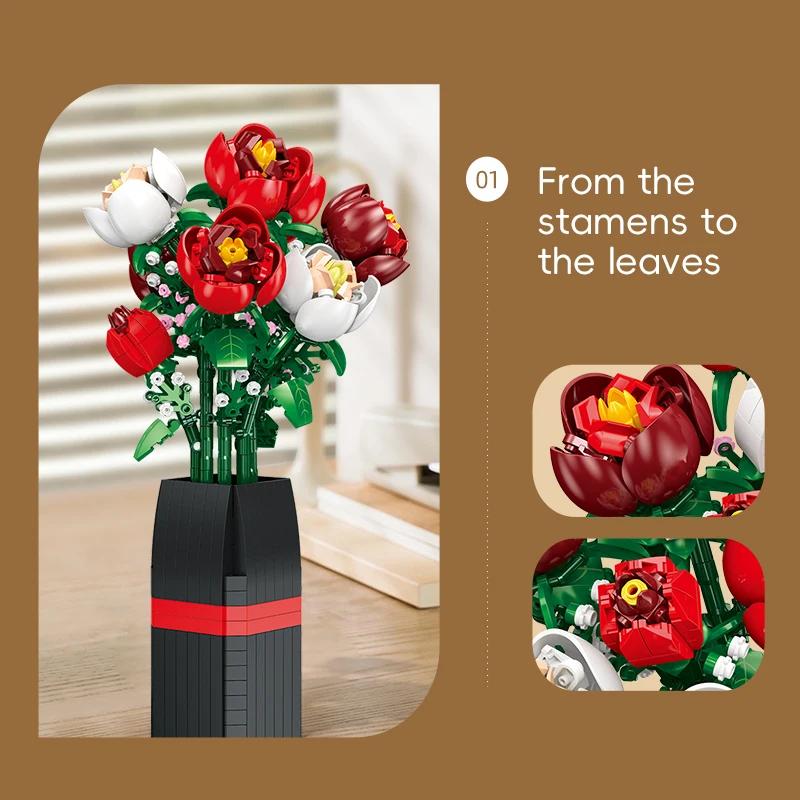 DIY Red Rose Building Blocks Bouquet - Romantic Vase Flower Gift for Adults, Valentine's Day Anniversary Home Desk Decor