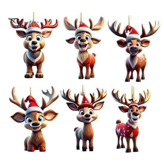 Colgante de ciervo navideño de acrílico 2D, adorno colgante de reno plano, gorro de Papá Noel de dibujos animados, colgante de reno para decoración del árbol de Navidad del hogar