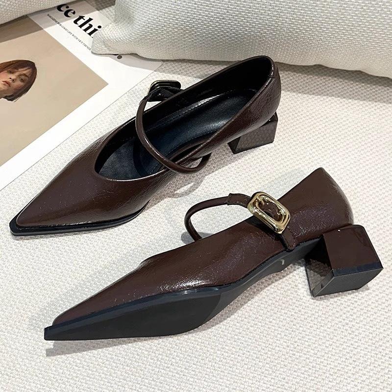 Spring 2025 New French Light Mouth Medium Heel Mary Jane Single Shoes Pointed Professional Black High Heels Women's Thick Heel