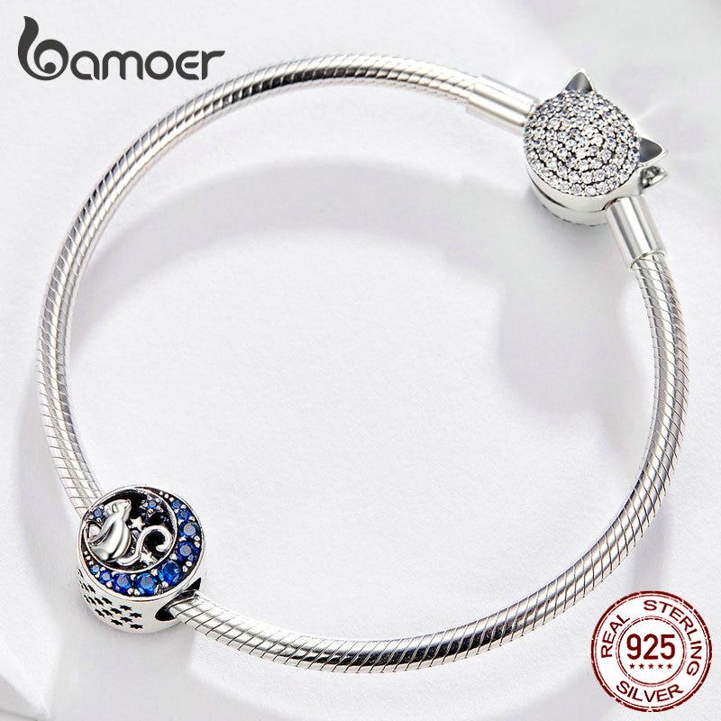BAMOER 925 Sterling Silver Beads Blue Moon Naughty Cat Pet Charms for Original Bracelet Bangle DIY Jewelry