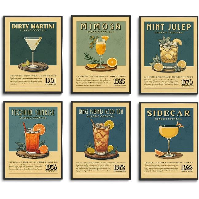 Fetyiu Vintage Cocktail Poster - Bar Cart Accessories and Decor,Retro Cocktail Wall Art, Funky Drink Aesthetic Pictures, Colorful Preppy Bar Art 8x10in Poster