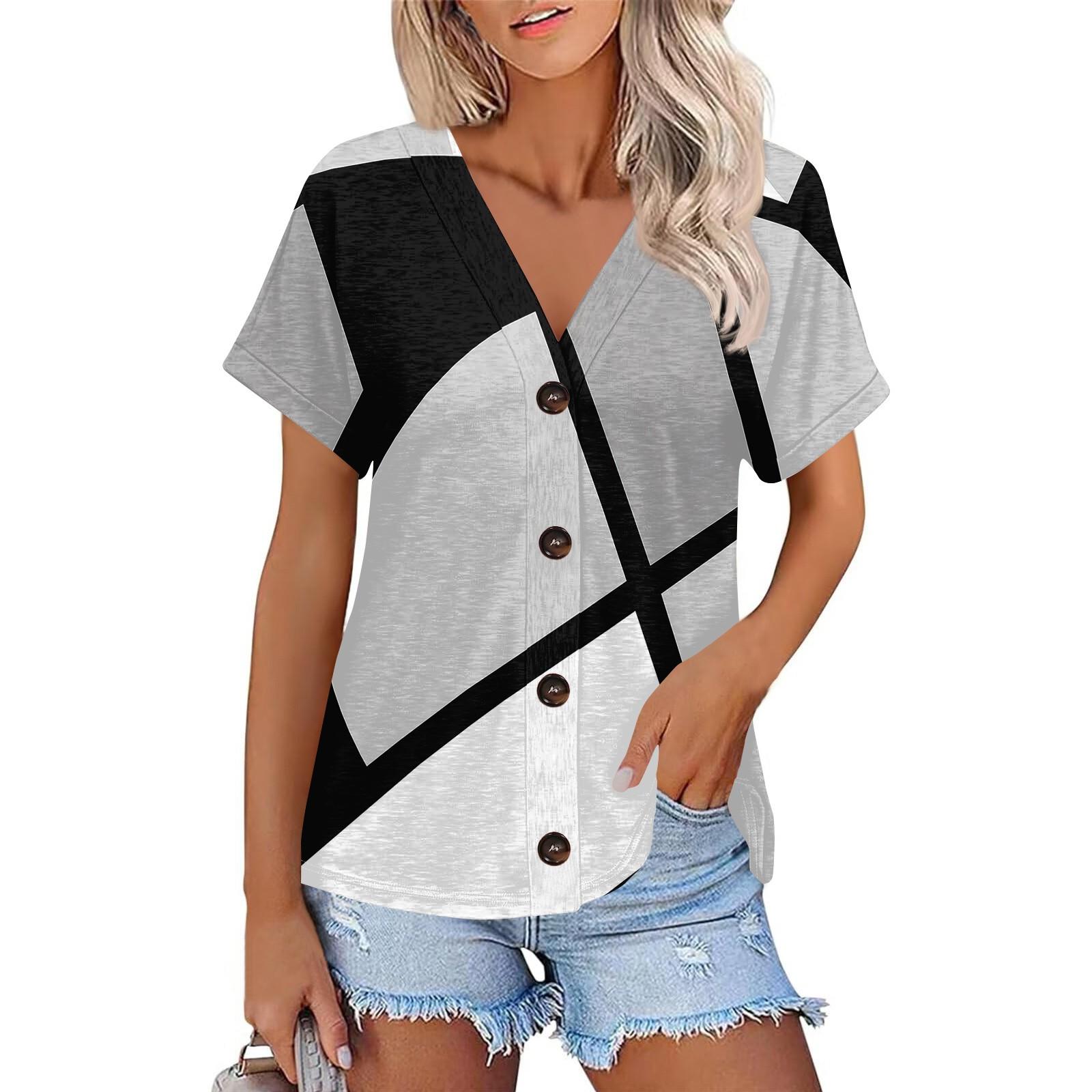 

Женская модная футболка с короткими рукавами и V-образным вырезом, цветным принтом в стиле пэчворк, на пуговицах M