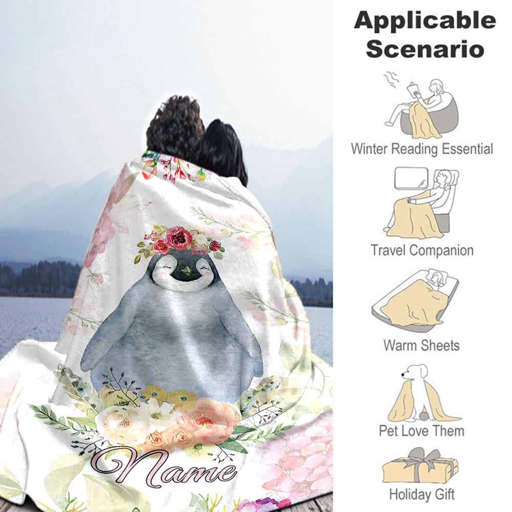 Flowers Penguins Personalized Text Blanket Cozy Customizable Blanket Soft Warm Cozy Throw For Office Livingroom Bed Chair for All Occasions