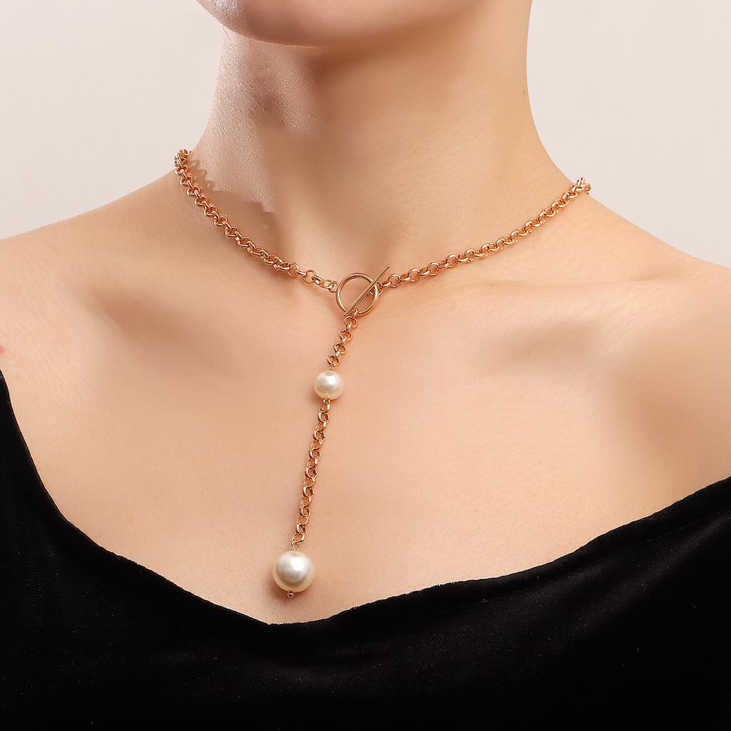 European and American Fashion, Simple Pearl Splicing Chain Necklace, Double-layer Women's Necklace Stacked with Wind Alloy Necklace