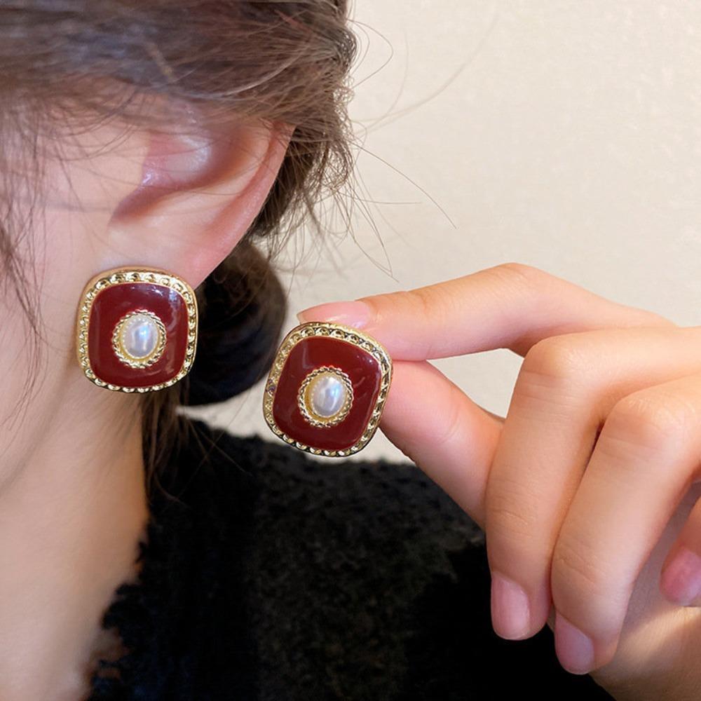 Retro Temperament Red Drop Glaze Geometric Square Gold Edge Pearl Stud Earrings for Women Piercing Stud Earrings Jewelry Gift