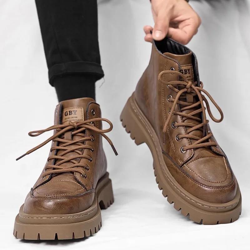 Men's Motorcycle Boots Fashion High-top Casual Boot British Style Leather Short Boots for Men Lace-Up Platform Boot