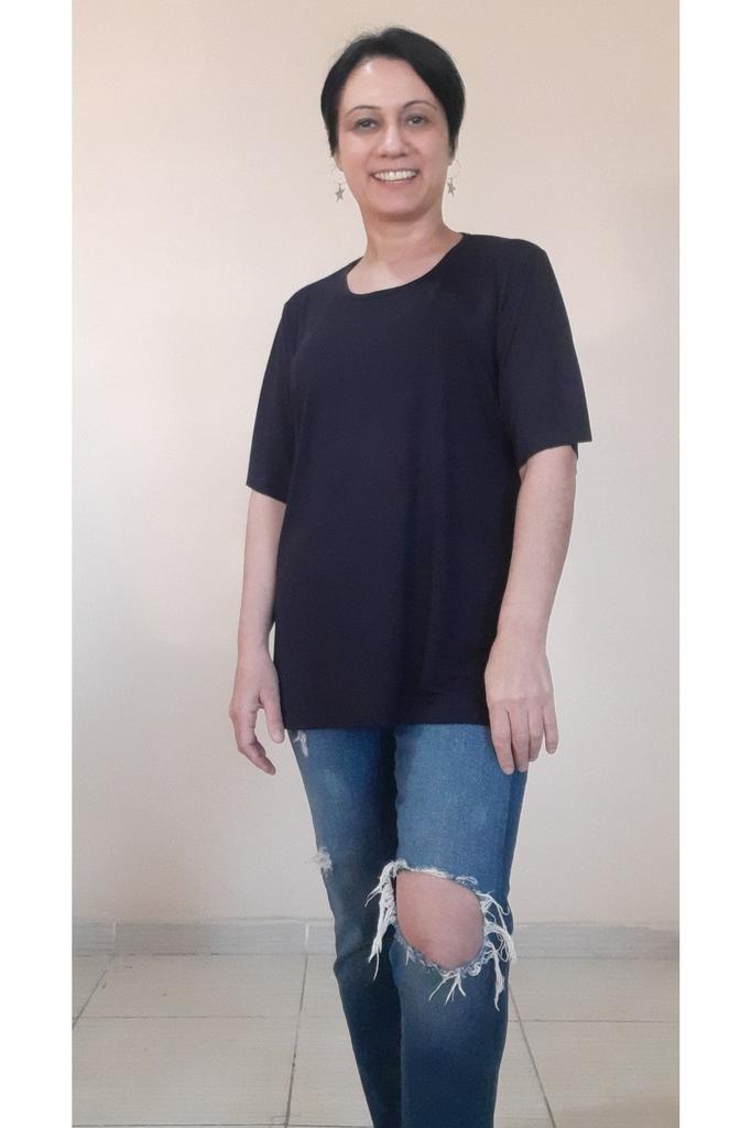 Damen Stil Übergröße T-Shirt Schwarz Kurzarm Rundhals Gekämmte Baumwolle Viskose T-Shirt