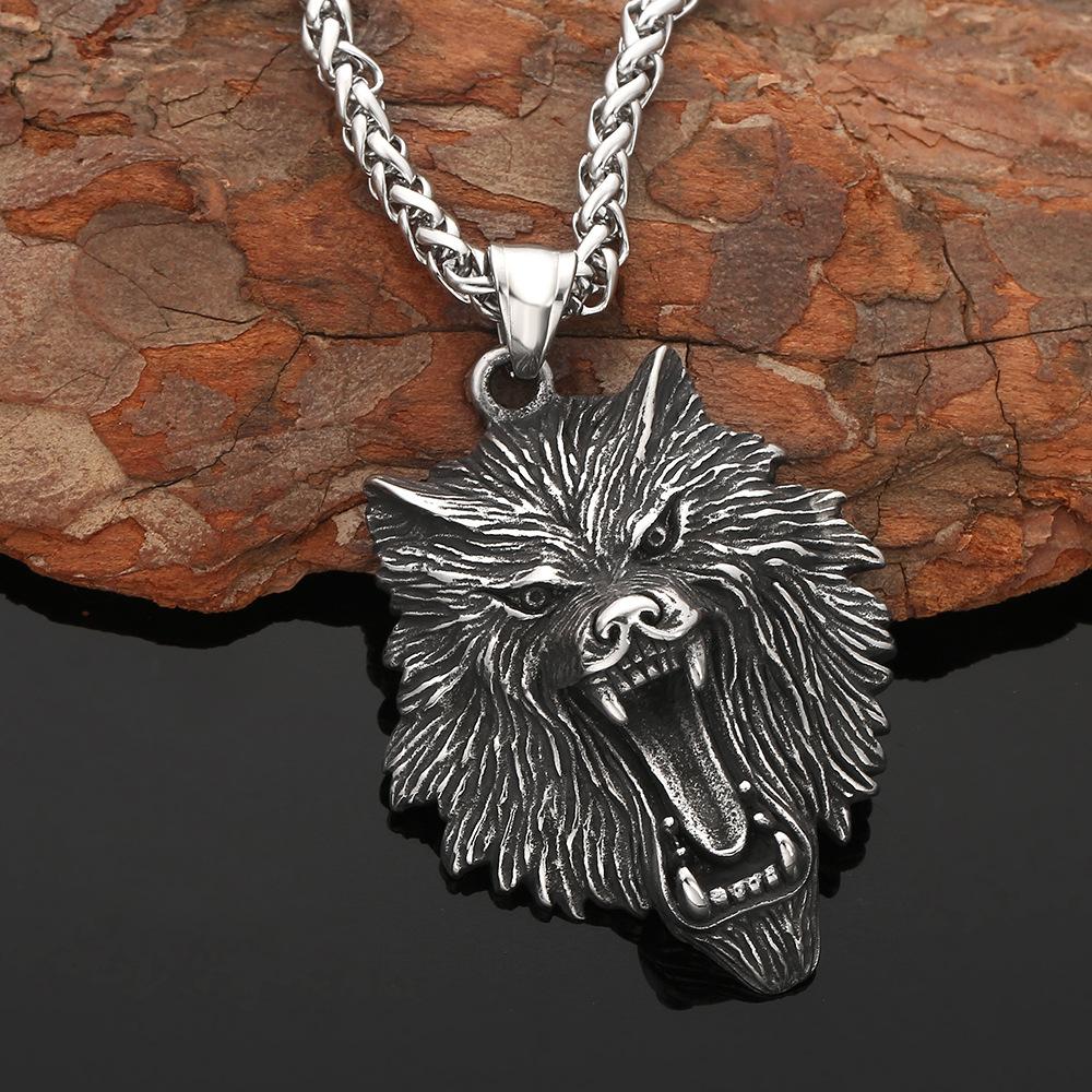 Domineering Stainless Steel Wolf Head Pendant Necklace Punk Style Men 'S Accessories