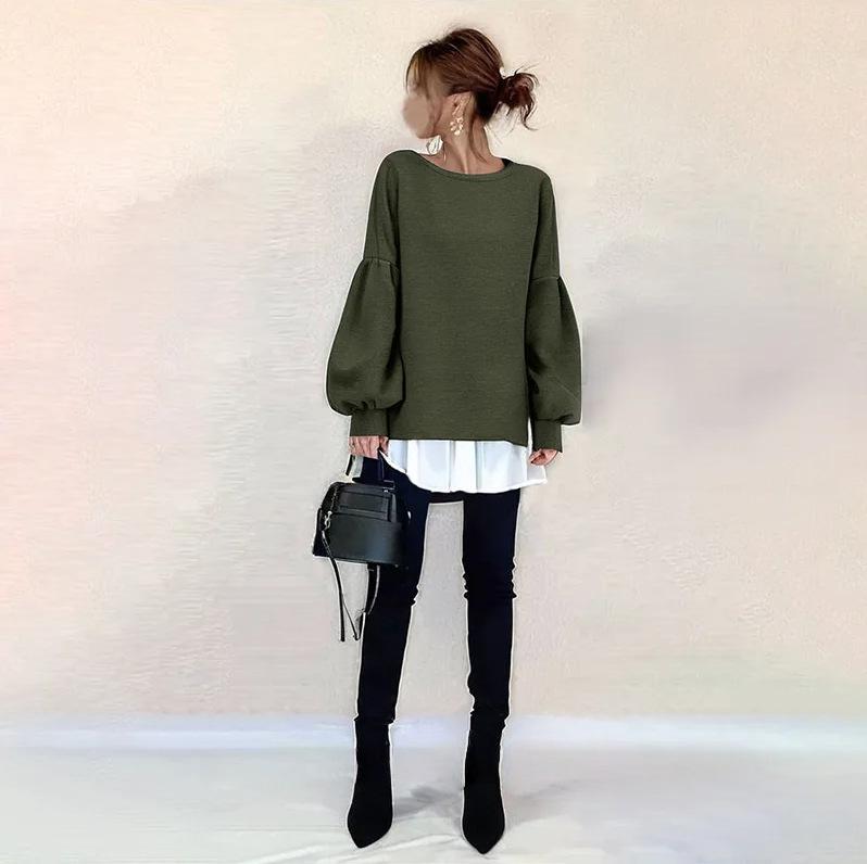 2026 Spring Women's Loose Fit Irregular Long Sleeve Sweatshirt - Round Neck, Fake Two-Piece Design