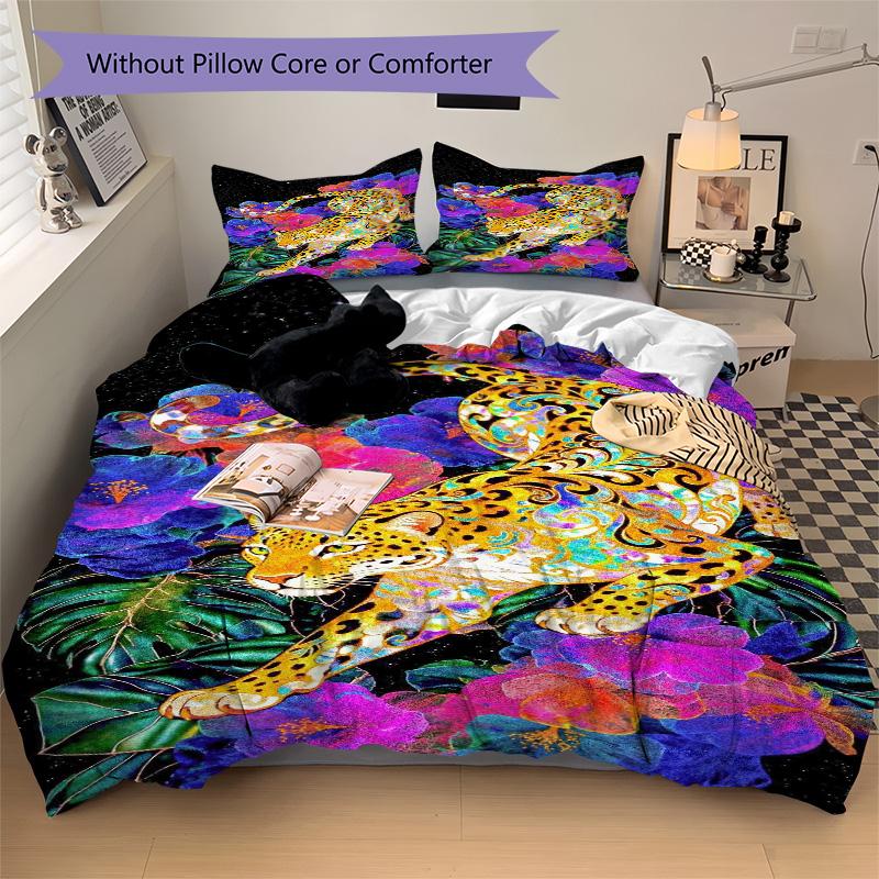 Floral Leopard Bedding 3 Piece Set HD Print Duvet Cover Pillowcases for Teens Adult Bedroom Decoration Christmas Gift