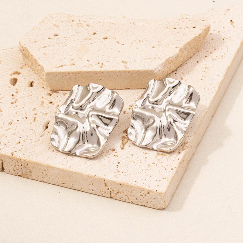 304 Stainless Steel Heart Stud Earrings - Pleated Irregular Design, 18k Gold Plated