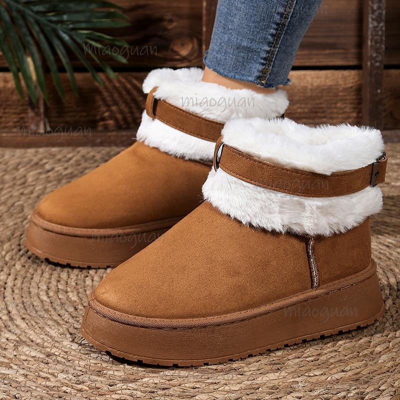 Fashion Buckle Faux Fur Winter Ankle Boots Women Cotton Padded Thicken Plush Snow Boots Comfort Thick Sole Non Slip Platform Casual Shoe