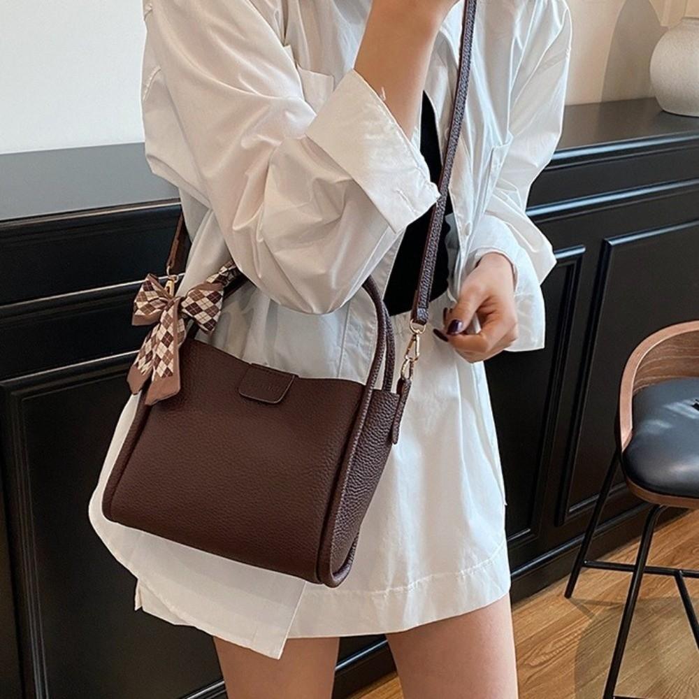 Retro Minimalist Pu Leather Bucket Bag Versatile with Ribbon Crossbody Bag Solid Color Korean Style Women 's Handbag Women