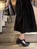 Leather Mary Jane shoes square head elastic band light mouth black single shoes polished retro ballet style literary ballet shoes