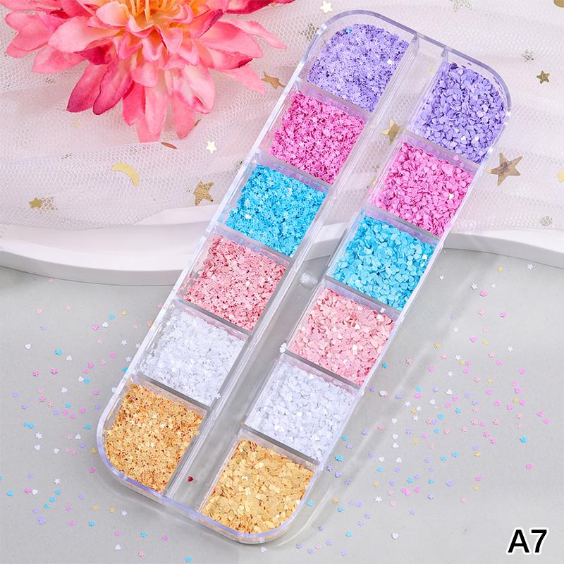 12 Grids Mixed Star Heart Nail Glitter 1Mm Star Sequin Nail Art Diy Colorful Sparkling Nail Charms Nail Decoration Accessories