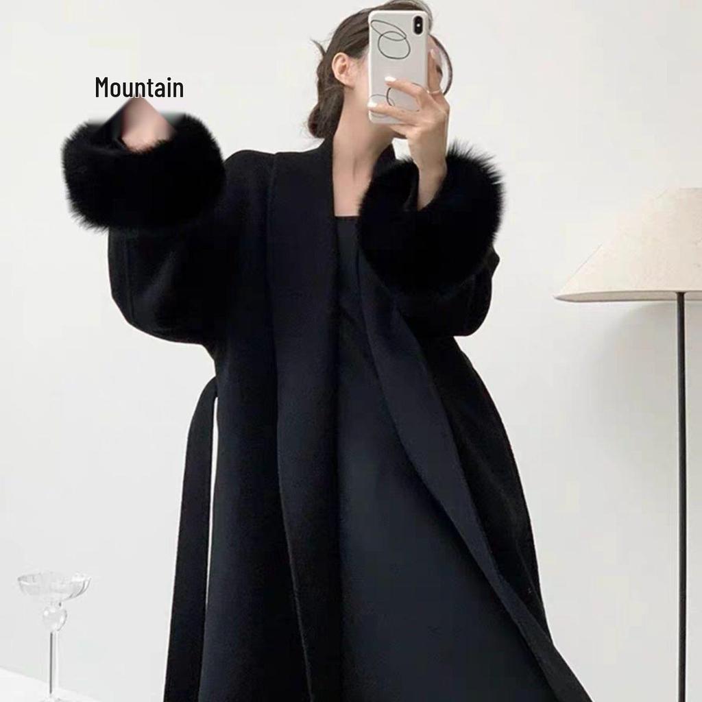 Damen 2025 Winter Schwarz Faux Fur Kaschmirwolle Mantel - Petite Doubleface Trench