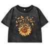 Sunflower And Butterfly Print Washed Tee Shirt Women Casual Retro T Shirts Cotton Tees Clothes New O-Neck Crop Top