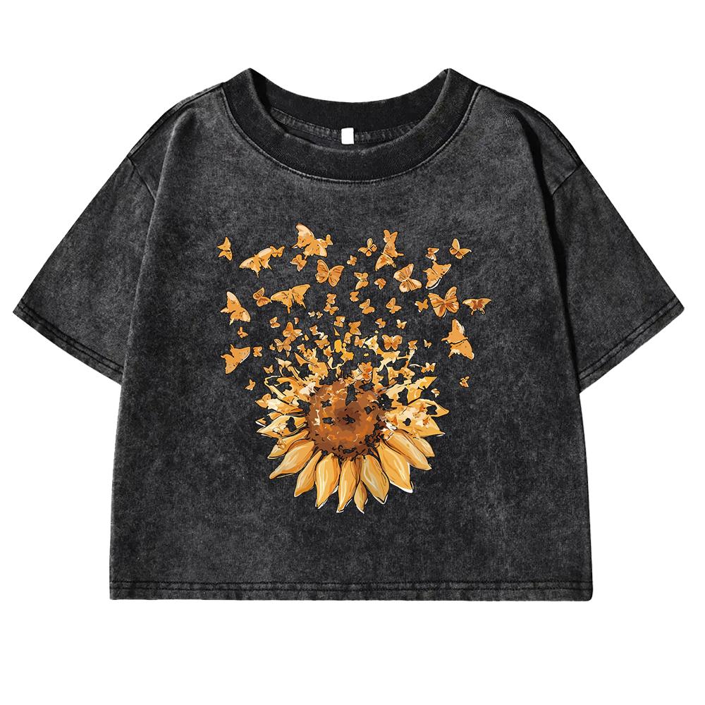 Sunflower And Butterfly Print Washed Tee Shirt Women Casual Retro T Shirts Cotton Tees Clothes New O-Neck Crop Top