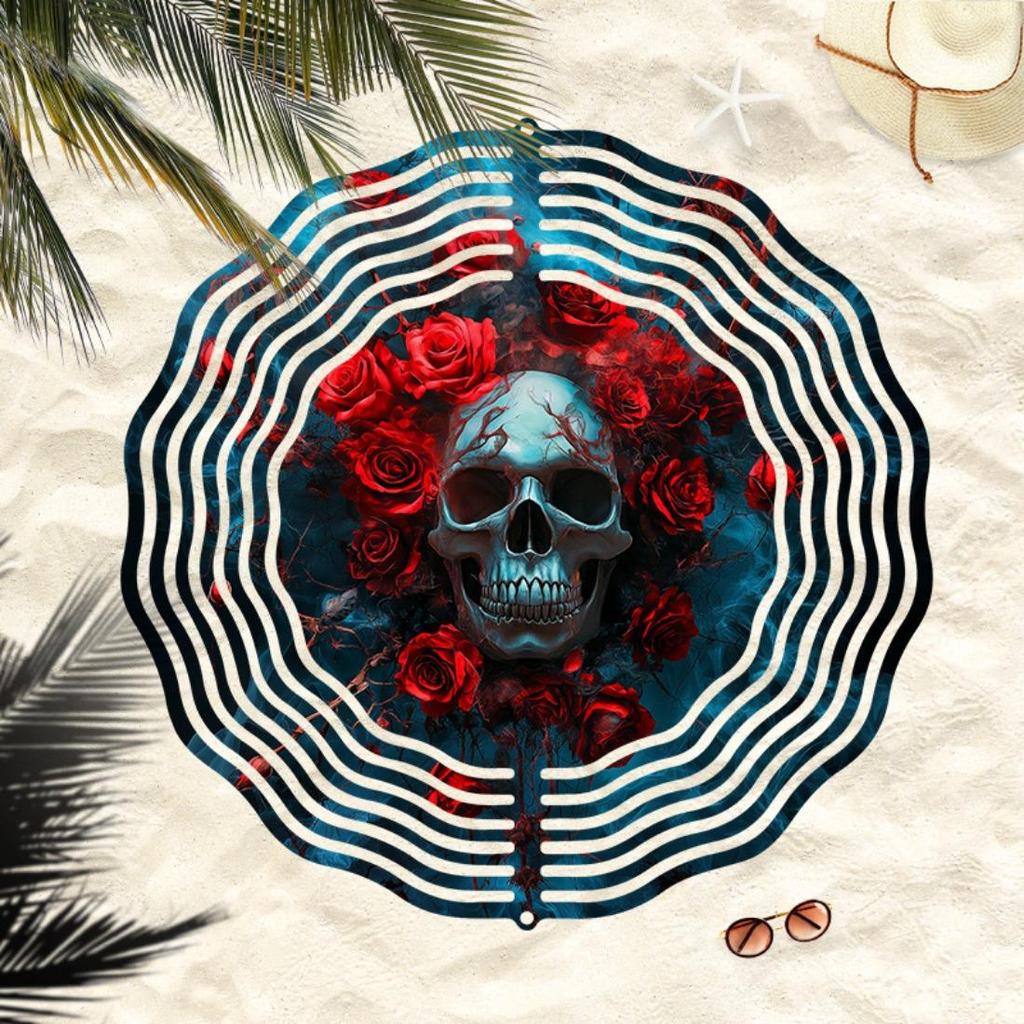 Kaijit - 1pc Mandala Inspired 2D Rose Skull Pattern Wind Spinning Wind Chime, Garden & Patio Decoration - Metal Hanging Ornament, No Battery Required