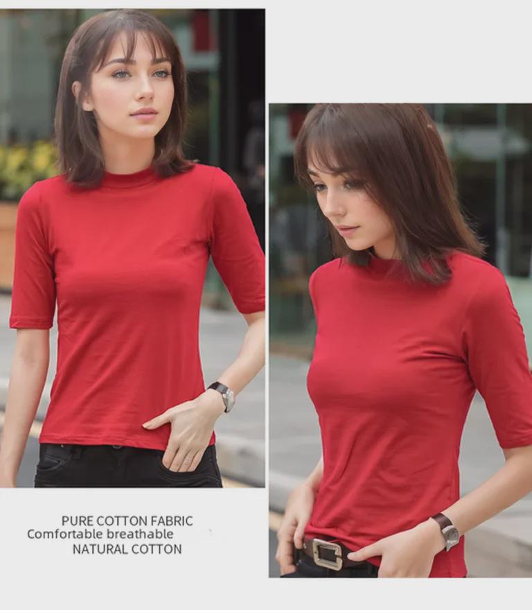 Chic Women's Mid-Sleeve Slim Fit High Collar Cotton T-Shirts