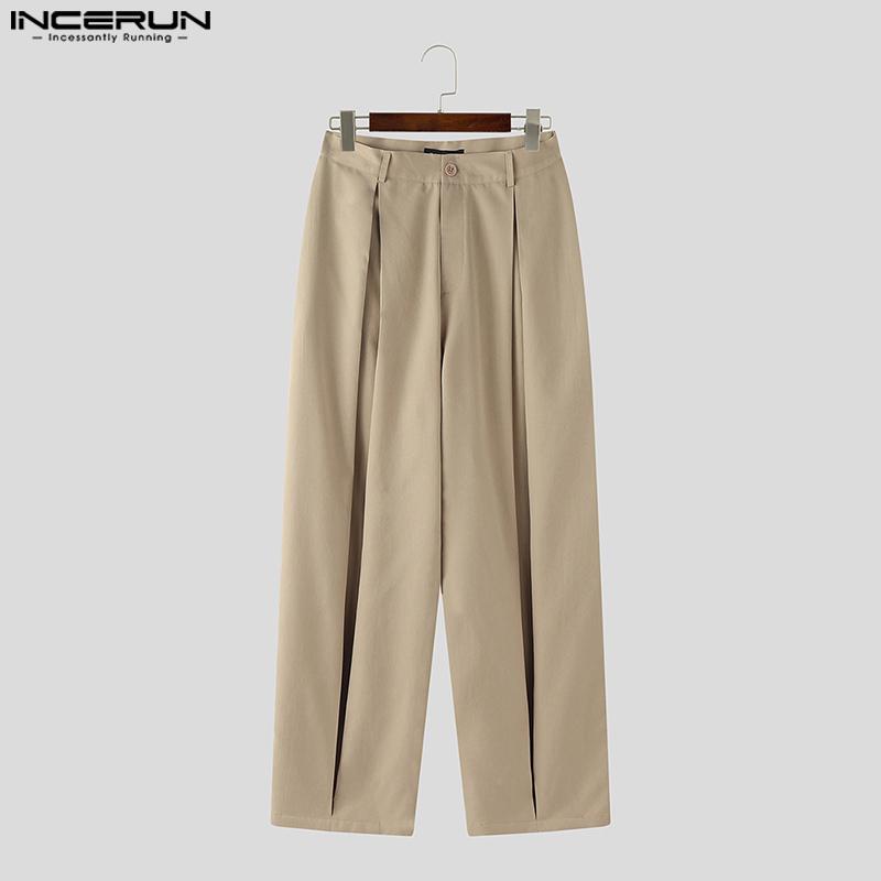 INCERUN Men Zipper Button Waist Solid Pleated Casual Long Pants Trousers